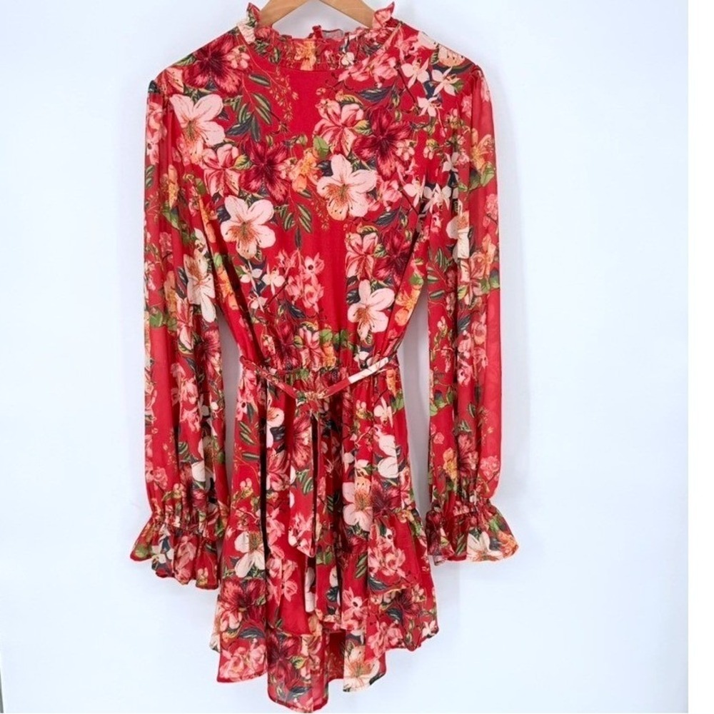 A. Calin Flying Tomato Red Floral Ruffle Mini Dress L Garden Party Flowy Chiffon